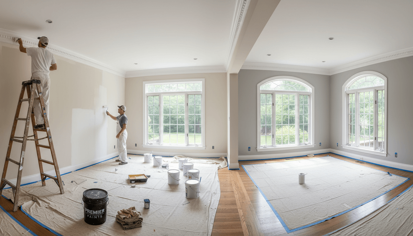 Multiple painters working on residential kitchen interior walls and trim molding during painting renovation project