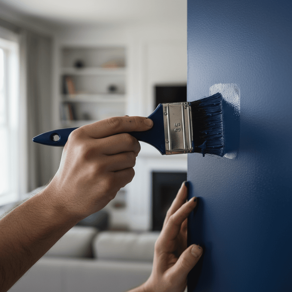 Close-up of painter's hands applying navy paint to interior wall with professional brush technique and natural light