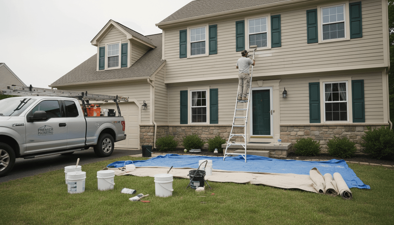 Professional painter on extension ladder painting two-story residential home exterior with fresh neutral color