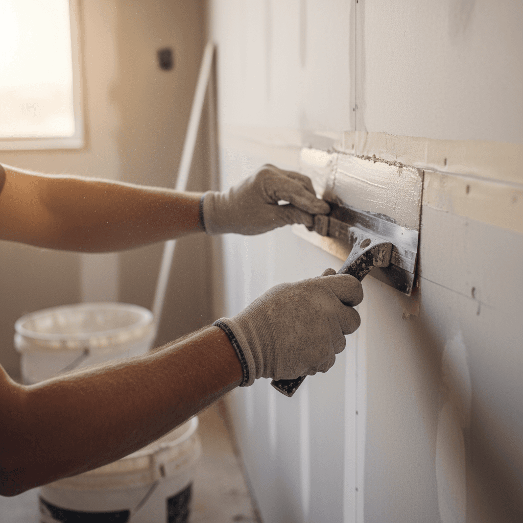 Close-up of tradesperson applying joint compound to drywall seams with precision taping knife technique